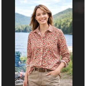 LL Bean Pinpoint Oxford Shirt Large Wrinkle Free Pink Coral Floral Cotton Pocket